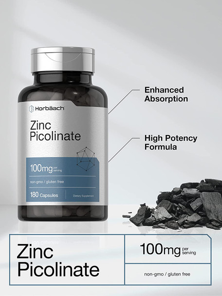 Zinc Picolinate 100mg | 180 Capsules | High Potency | Non-GMO, Gluten Free | Zinc Supplement | by Horbaach