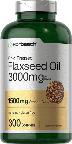 Flaxseed Oil Softgels 3000mg | 300 Count | High Potency | with Omega 3 6 9 | Non-GMO, Gluten Free | Cold Pressed Flax Seed | by Horbaach