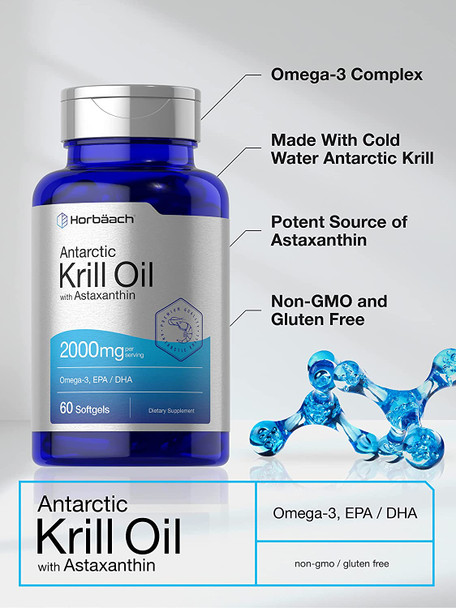 Antarctic Krill Oil 2000mg | 60 Softgel Capsules | Omega-3, EPA, DHA Supplement | with Astaxanthin | Non-GMO, Gluten Free | by Horbaach