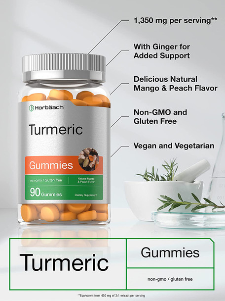 Turmeric Gummies | 90 Count | Mango & Peach Flavor | Turmeric Curcumin with Ginger | Vegan Non-GMO & Gluten Free Supplement | by Horbaach