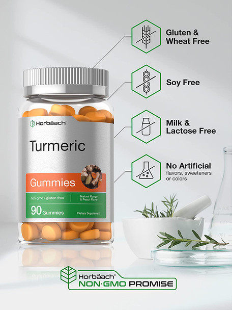 Turmeric Gummies | 90 Count | Mango & Peach Flavor | Turmeric Curcumin with Ginger | Vegan Non-GMO & Gluten Free Supplement | by Horbaach