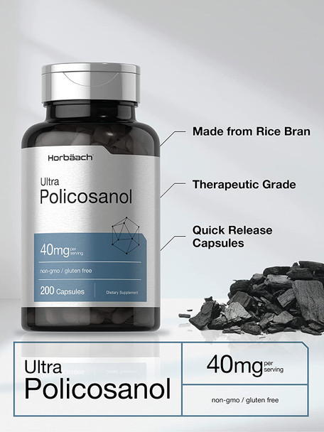 Policosanol 40mg | 200 Capsules | Non-GMO and Gluten Free | by Horbaach