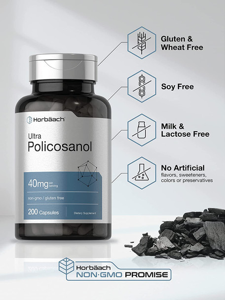 Policosanol 40mg | 200 Capsules | Non-GMO and Gluten Free | by Horbaach