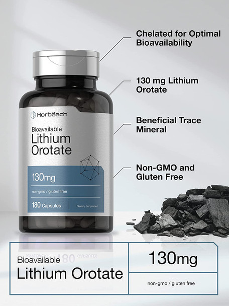 Lithium Orotate 130mg | 180 Capsules | Non-GMO, Gluten Free | 5mg Bioavailable Elemental Lithium | by Horbaach