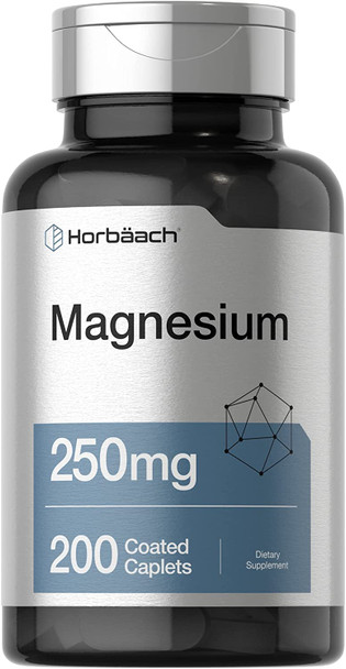 Magnesium 250mg | 200 Coated Caplets | As Magnesium Oxide | Vegetarian, Non-GMO, and Gluten Free Supplement | by Horbaach