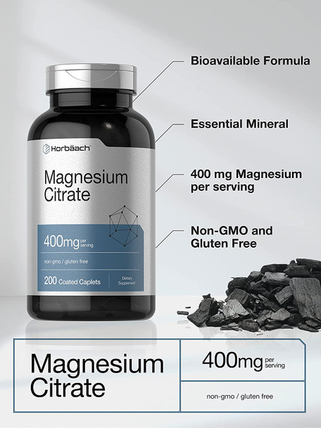 Magnesium Citrate | 400mg | 200 Coated Caplets | Vegetarian, Non-GMO, and Gluten Free Supplement | by Horbaach