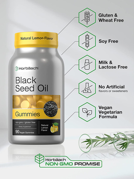 Blackseed Oil Gummies | 90 Count | Vegan, Non-GMO, and Gluten Free Formula | Nigella Sativa | Natural Lemon Flavor | by Horbaach