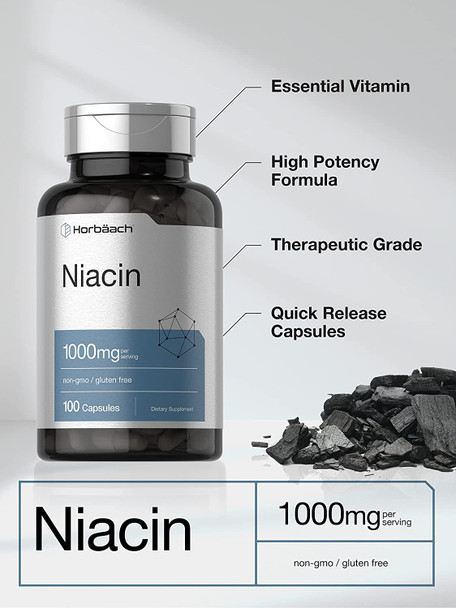 Niacin Vitamin B3 1000mg | 100 Capsules | with Flushing | Non-GMO, and Gluten Free Supplement | by Horbaach