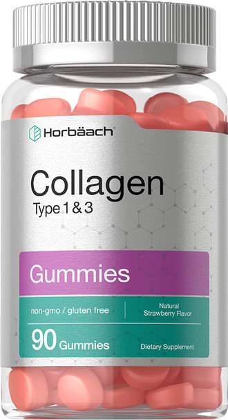 Collagen Gummies | 90 Count | Strawberry Flavored Gummy | Hydrolyzed Collagen Type 1 and 3 | Non-GMO, Gluten Free | by Horbaach
