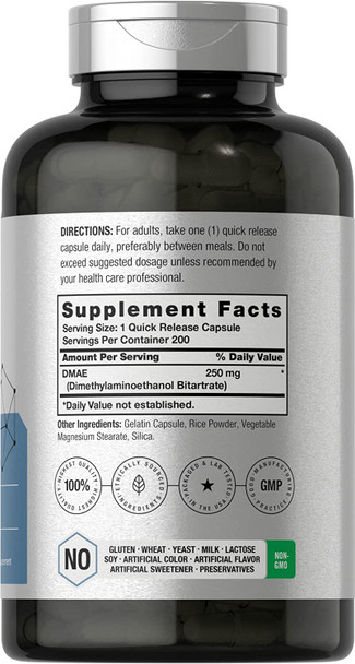 DMAE Supplement 250mg | 200 Capsules | Non-GMO, Gluten Free | DMAE Bitartrate | by Horbaach