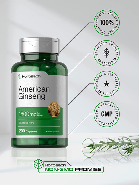 American Ginseng Capsules | 1800 mg | 200 Count | Non-GMO, Gluten Free Supplement | Ginseng Root Extract Complex | by Horbaach