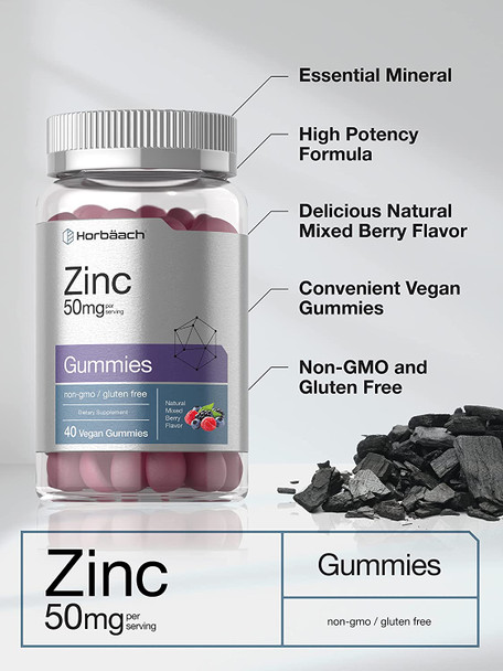 Zinc Gummies | 40 Count | Vegan, Non-GMO, Gluten Free | Mixed Berry Flavor | by Horbaach