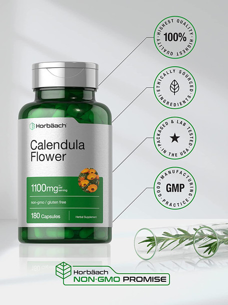 Calendula Flower Capsules 1100mg | 180 Count | Marigold | Non-GMO, Gluten Free Herbal Supplement | by Horbaach