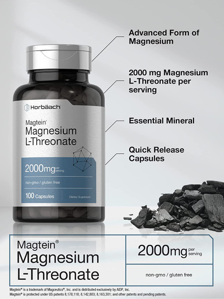Magtein Magnesium L-Threonate | 2000mg Supplement | 100 Capsules | Non-GMO and Gluten Free | by Horbaach