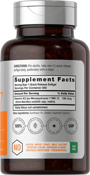 Vitamin K2 MK7 100mcg | 250 Softgels | Non-GMO, Gluten Free Supplement | by Horbaach