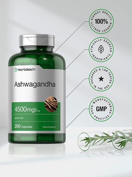 Ashwagandha Capsules 4500mg | 200 Count | with Black Pepper | Gluten Free Root Extract | by Horbaach