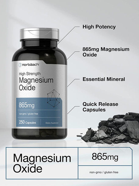 Magnesium Oxide | 865 mg | 250 Capsules | Non-GMO and Gluten Free Supplement | by Horbaach