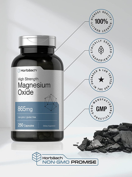 Magnesium Oxide | 865 mg | 250 Capsules | Non-GMO and Gluten Free Supplement | by Horbaach