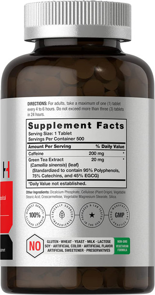 Caffeine Pills 200mg with Green Tea | 500 Tablets | Vegetarian, Non-GMO & Gluten Free | by Horbaach