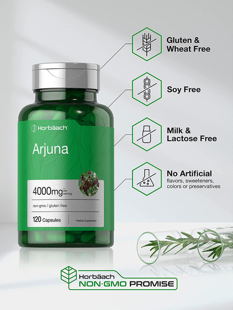 Arjuna Capsules 4000mg | 120 Count | Non-GMO, Gluten Free | from Arjuna Bark Herb Extract | by Horbaach