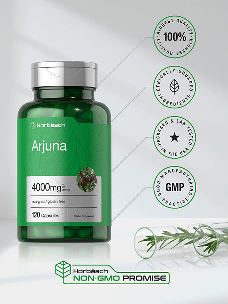 Arjuna Capsules 4000mg | 120 Count | Non-GMO, Gluten Free | from Arjuna Bark Herb Extract | by Horbaach