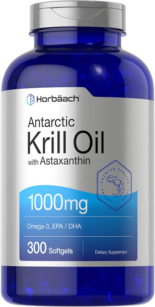 Antarctic Krill Oil | 300 Softgel Capsules | Value Size | Omega 3, EPA, DHA Supplement | with Astaxanthin | Non-GMO, Gluten Free | by Horbaach