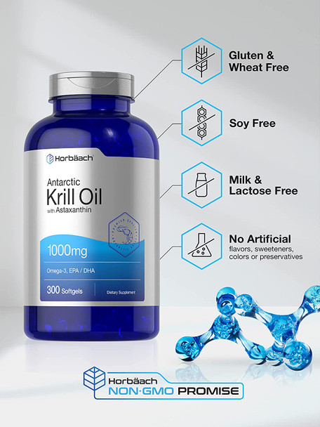 Antarctic Krill Oil | 300 Softgel Capsules | Value Size | Omega 3, EPA, DHA Supplement | with Astaxanthin | Non-GMO, Gluten Free | by Horbaach