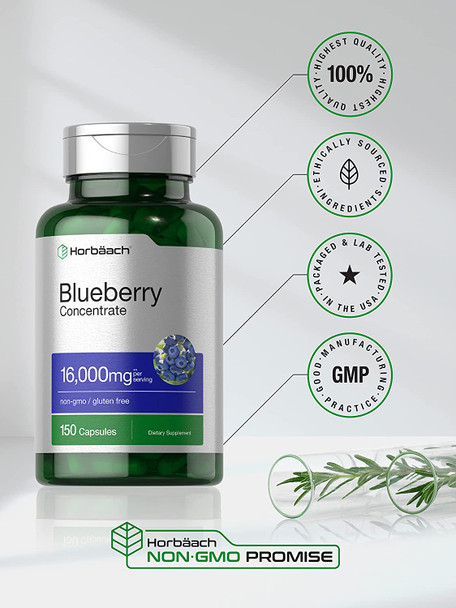 Blueberry Extract Supplement | 150 Capsules | Blueberry Concentrate | Non-GMO, Gluten Free | by Horbaach