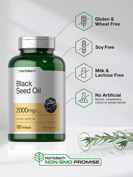 Black Seed Oil 2000mg | 120 Softgel Capsules | Cold Pressed Nigella Sativa Pills | Non-GMO, Gluten Free | by Horbaach