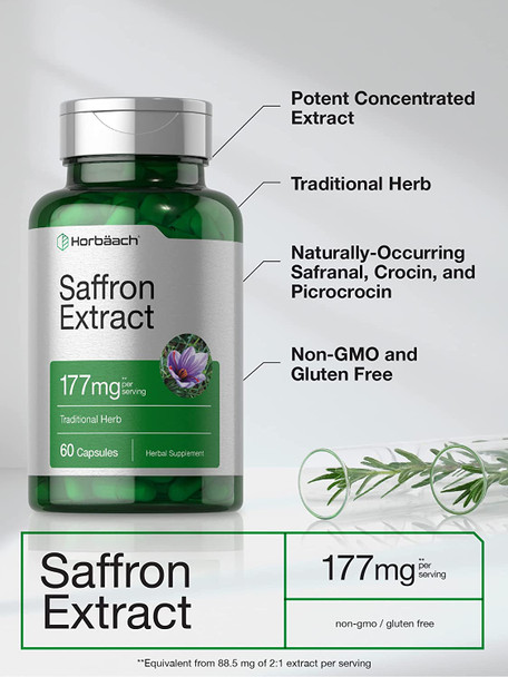 Saffron Extract Capsules | 177 mg 60 Count | Non-GMO, Gluten Free Supplement | by Horbaach