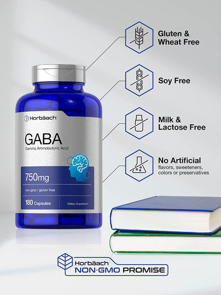 GABA 750mg | 180 Capsules | Gamma Aminobutyric Acid Supplement | Non-GMO, Gluten Free | by Horbaach