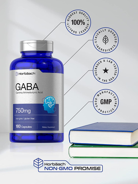 GABA 750mg | 180 Capsules | Gamma Aminobutyric Acid Supplement | Non-GMO, Gluten Free | by Horbaach