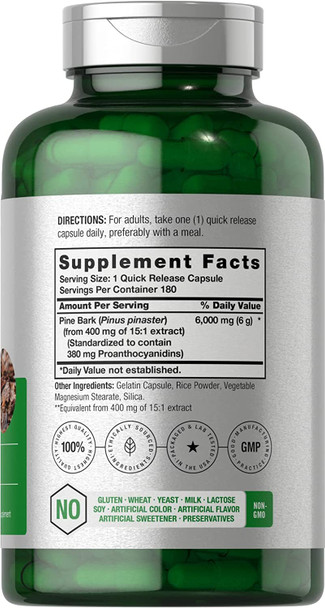 Pine Bark Extract | 6000 mg | 180 Capsules | Standardized to Contain 380 mg Proanthocyanidins | Non-GMO, Gluten Free Supplement | High Potency Extract Formula | by Horbaach