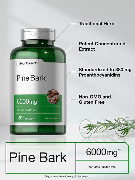 Pine Bark Extract | 6000 mg | 180 Capsules | Standardized to Contain 380 mg Proanthocyanidins | Non-GMO, Gluten Free Supplement | High Potency Extract Formula | by Horbaach