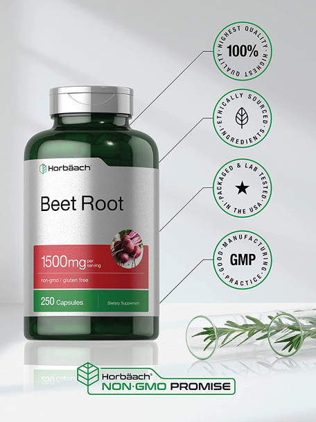 Beet Root Powder Capsules 1500mg | 250 Pills | Herbal Extract | Non-GMO, Gluten Free, and DNA Tested Supplement | by Horbaach