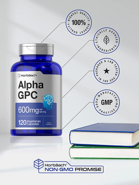 Alpha GPC 600mg | 120 Capsules | Vegetarian, Non-GMO & Gluten Free Choline Supplement | Supports Healthy Memory, Focus and Clarity | by Horbaach