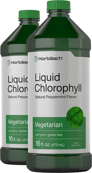 Liquid Chlorophyll 100mg | 32 oz (2 x 16 oz Bottles) | Natural Peppermint Flavor | Vegetarian, Non-GMO, and Gluten Free Formula | by Horbaach