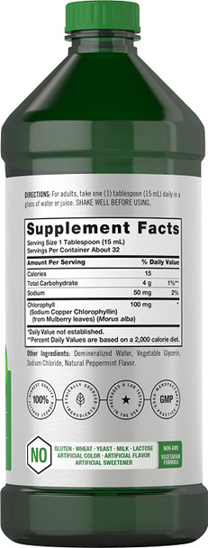 Liquid Chlorophyll 100mg | 32 oz (2 x 16 oz Bottles) | Natural Peppermint Flavor | Vegetarian, Non-GMO, and Gluten Free Formula | by Horbaach