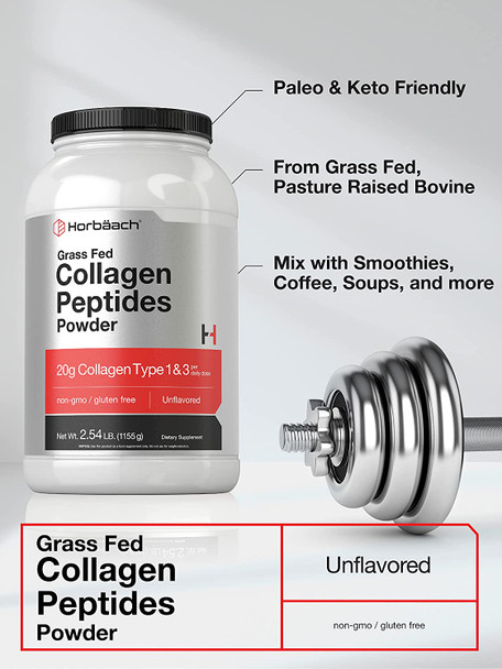 Collagen Peptides Powder 40 oz | Unflavored | Type 1 and 3 | Hydrolyzed Protein Collagen | Keto and Paleo Supplement | Grass Fed, Non-GMO, Gluten Free | by Horbaach