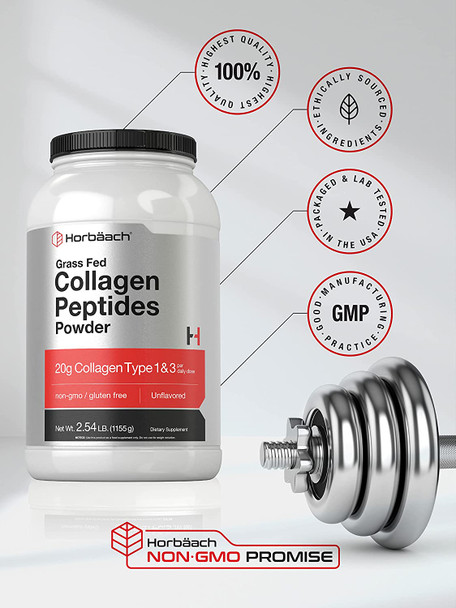 Collagen Peptides Powder 40 oz | Unflavored | Type 1 and 3 | Hydrolyzed Protein Collagen | Keto and Paleo Supplement | Grass Fed, Non-GMO, Gluten Free | by Horbaach