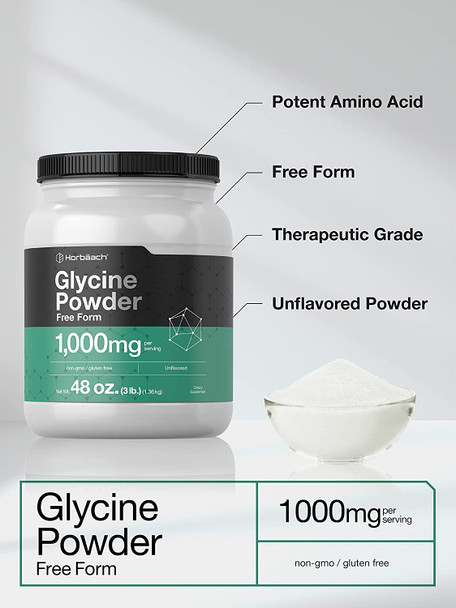 Glycine Powder 3 lbs | Free Form Supplement | Unflavored Powder | Vegetarian, Non-GMO, Gluten Free | by Horbaach