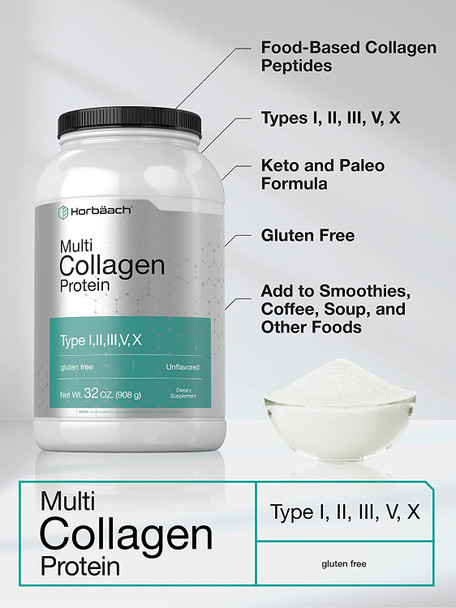 Multi Collagen Protein Powder 32 oz | Type I, II, III, V, X | Hydrolyzed Collagen Peptides | Keto & Paleo Friendly | Unflavored & Gluten Free | by Horbaach