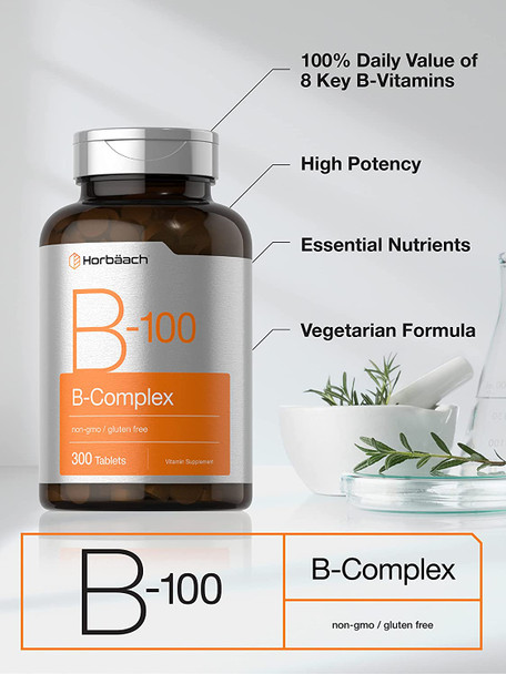 Vitamin B-100 Complex | 300 Tablets | Vegetarian, Non-GMO, and Gluten Free Supplement | by Horbaach