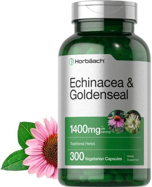 Echinacea Goldenseal Capsules | 1400mg | 300 Count | Vegetarian, Non-GMO, Gluten Free Extract Supplement | by Horbaach