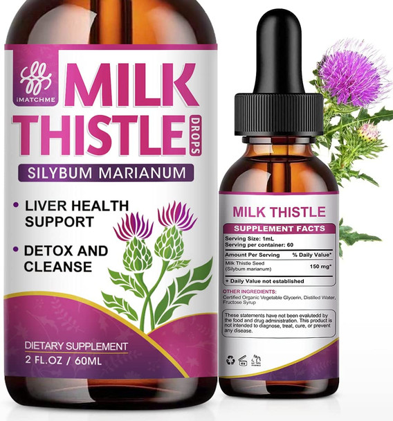 iMATCHME Milk Thistle Liquid Drops, Liver Support Supplement for Liver Cleanse Detox & Repair, Milk Thistle Extract Organic, Non-GMO, Alcohol-Free, Vegetarian & Gluten-Free (2 Fl.Oz)
