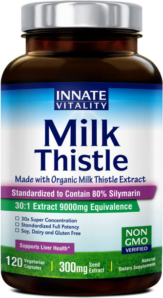 Organic Milk Thistle Extract, Standardized 80% Silymarin Flavonoids, 30:1 Highest Concentration, 9000mg Equivalent, 300mg per Caps, 120 Veggie Caps, Non-GMO, NO Gluten Dairy Soy, Support Liver Health