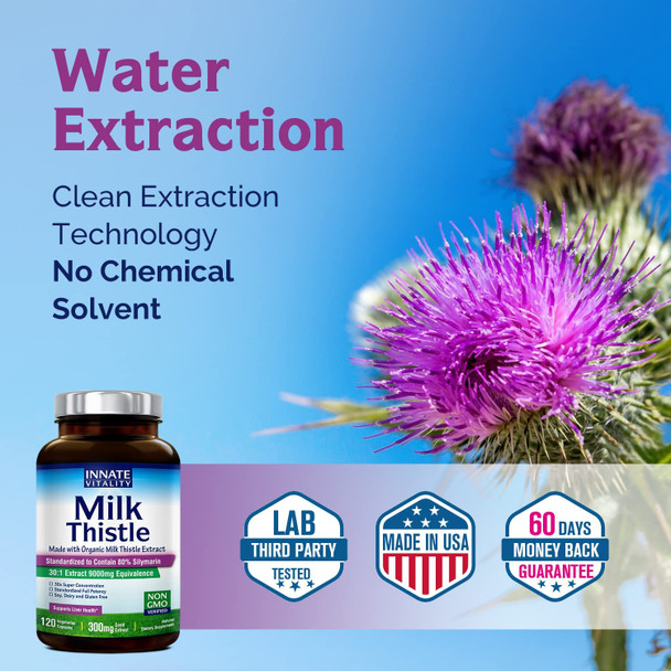 Organic Milk Thistle Extract, Standardized 80% Silymarin Flavonoids, 30:1 Highest Concentration, 9000mg Equivalent, 300mg per Caps, 120 Veggie Caps, Non-GMO, NO Gluten Dairy Soy, Support Liver Health