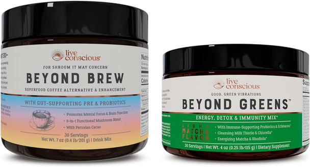 Live Conscious Beyond Greens & Beyond Brew | Delicious Greens Powder for Bloating + Mushroom Superfood Coffee Alternative Caffeine Free