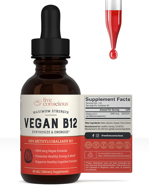 Live Conscious Vegan Vitamin B12 Sublingual Liquid Drops by LiveWell - Methylcobalamin Maximum Strength 5000 mcg Formula - Support Energy and Mood, Promote Memory, Aid Immune System - 60 Servings