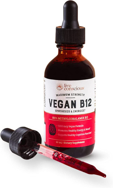 Live Conscious Vegan Vitamin B12 Sublingual Liquid Drops by LiveWell - Methylcobalamin Maximum Strength 5000 mcg Formula - Support Energy and Mood, Promote Memory, Aid Immune System - 60 Servings